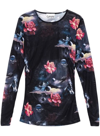 Printed Mesh Long Sleeve Gathered Blouse