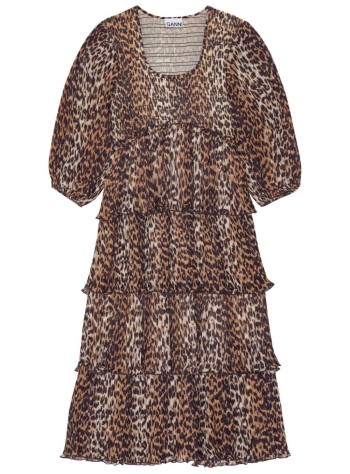 ganni dress woman pleated georgette leopard flounce smock midi dress f8830 859