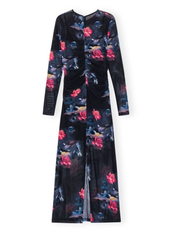 ganni dress woman printed mesh o-neck ruched long dress t3737 099
