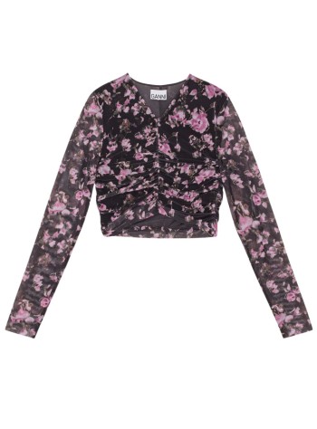 ganni top womanprinted mesh ruched blouse - t3930 252
