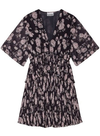 Pleated Georgette V-neck Flounce Mini Dress