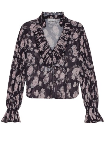 ganni t-shirt womanpleated georgette v-neck flounce blouse - f9555 252