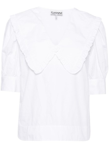 ganni t-shirt womancotton poplin v neck ruffle blouse - f8635 151