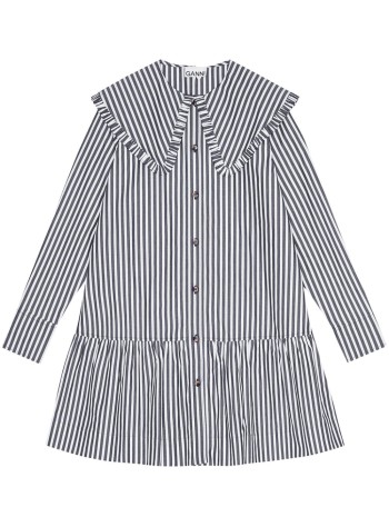 Stripe Cotton Big Collar Mini Shirt Dress