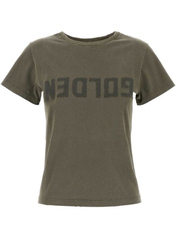 golden goose top womangolden w s slim t shirt distressed cotton jersey with logo - gwp01221p000671 35479