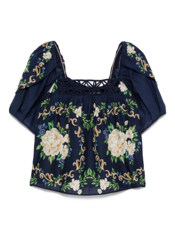farm rio blusa mujer flower tapestry blue flowered yoke blouse - 336470 25034