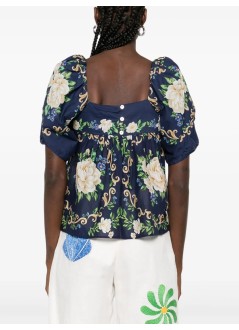 farm rio t-shirt womanflower tapestry blue flowered yoke blouse - 336470 25034