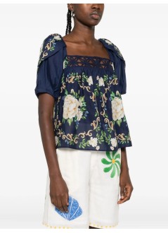 farm rio t-shirt womanflower tapestry blue flowered yoke blouse - 336470 25034