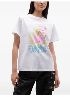 ganni top womanbasic cotton jersey neon kitty t shirt - t4339 151