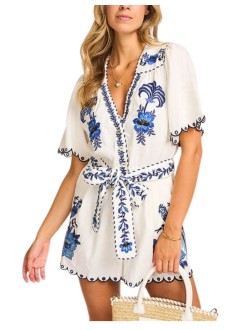 farm rio mono womandelicate forest blue richelieu embroidered romper - 335786 l0025