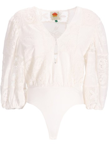 farm rio blusa mujer off white rosy eyelet puffy sleeve bodysuit - 335864 l0025