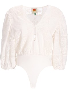 farm rio t-shirt womanoff white rosy eyelet puffy sleeve bodysuit - 335864 l0025