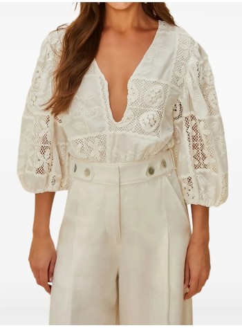 farm rio blusa mujer off white rosy eyelet puffy sleeve bodysuit - 335864 l0025 2