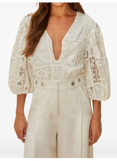 farm rio t-shirt womanoff white rosy eyelet puffy sleeve bodysuit - 335864 l0025