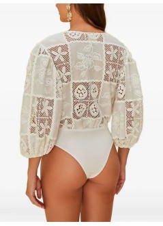 farm rio t-shirt womanoff white rosy eyelet puffy sleeve bodysuit - 335864 l0025