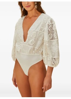 farm rio t-shirt womanoff white rosy eyelet puffy sleeve bodysuit - 335864 l0025