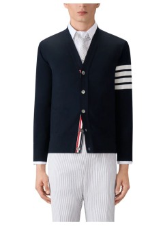 thom browne punto hombre classic v-neck cardigan in fine merino wool w/ 4bar stripes - mkc002ay1014 415