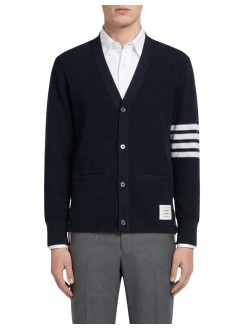 thom browne punto hombre long sleeve v neck cardigan in textured pique w/ eng 4 bar - mjt554aj0248 415