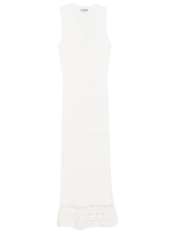 ganni dress womanfine cotton rib crochet v-neck dress - a1030474 135