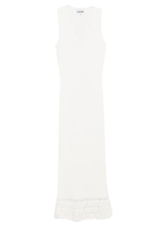 ganni dress womanfine cotton rib crochet v-neck dress - a1030474 135