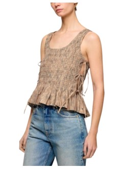 ganni top mujer printed stretch cotton smocked tie string top - a1040271 zzt