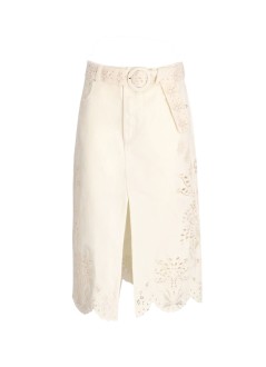 farm rio skirt womanbeige twill midi skirt with geometric richelieu - 358031 l0001
