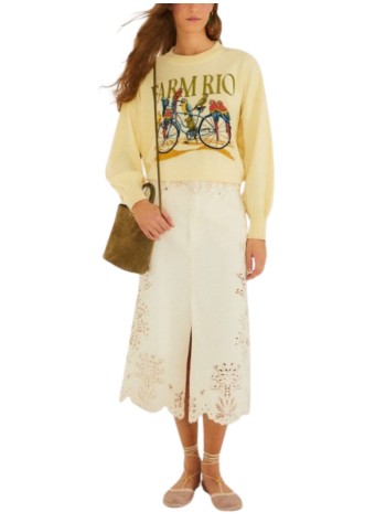 farm rio skirt womanbeige twill midi skirt with geometric richelieu - 358031 l0001 2