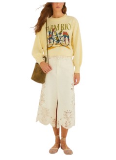 farm rio skirt womanbeige twill midi skirt with geometric richelieu - 358031 l0001