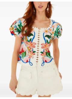 farm rio short pant womanwhite canvas scalloped shorts - 356403 l0036
