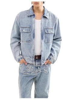 icecream outerwear hombre applique running dog zip denim jacket - icdj26263 light wash blue