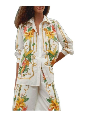 farm rio shirt womantropical royalty off-white shirt long sleeve - 355767 25249 2